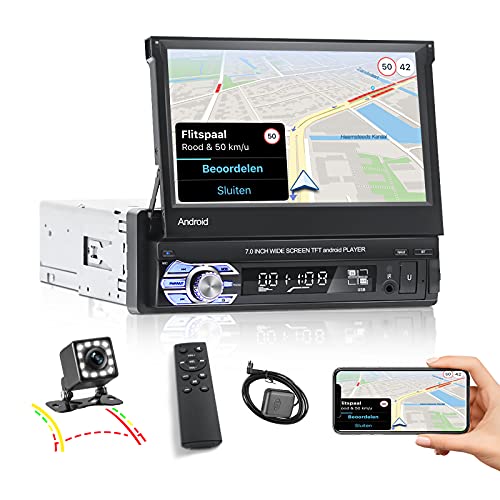 NHOPEEW Autoradio 1 Din, Autoradio Android 10.1 Con Bluetooth FM WiFi Navigazione GPS Collegamento Specchio Telefono, Schermo Flip HD + Fotocamera Di Backup
