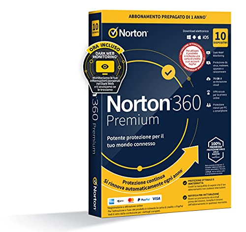 Norton 360 Premium 2022 | Antivirus per 10 Dispositivi | Licenza di 1 anno con rinnovo automatico| Secure VPN e Password Manager | PC, Mac, tablet e smartphone