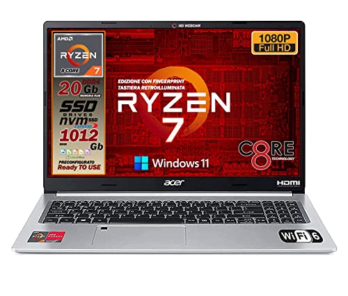 Notebook Acer portatile, Cpu Ryzen 7 5700U 8 Core, RAM 20Gb, SSD Pci 512GB + HD 500Gb, Display 15,6 FullHD IPS, tastiera retroilluminata, Fingerprint, 4 usb, wi-fi 6, hdmi, lan, Win11, pronto all uso