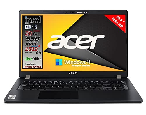 Notebook Acer travelmate Intel i3 10th, Ram da 20 gb, SSHD M.2 Pci 1512 Gb, DISPLAY 15.6 Full HD, 3 USB, wi-fi, hdmi, bt, Win 10 Pro, Libre Office, preconfigurato e pronto all Uso, Gar. Italia