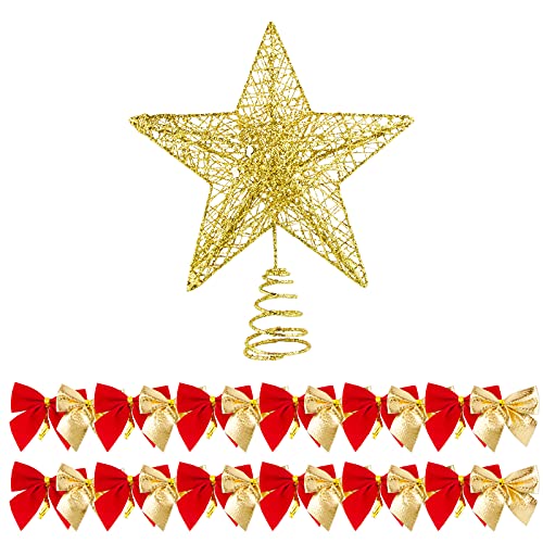 Oro Topper per Albero di Natale Stella Punte Glitter 24pz Fiocchi Natalizi Rosso e Oro Ciondoli Fiochetti Decorazione per Albero di Natale Ghirlanda Casa Artigianato