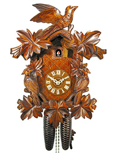 Orologio a cucù meccanico originale della Foresta Nera (con certificazione), con meccanismo a 8 giorni, decorato con 7 foglie e 3 uccellini
