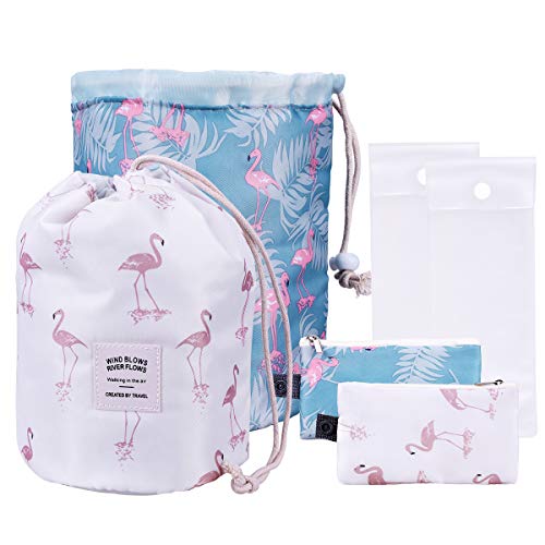OZUAR 2 Pack Makeup Bags Borsa impermeabile con coulisse da viaggio,Astuccio per Trucco Make up Organizer + Mini Pouch + Custodia in PVC trasparente per donna Uomo (modello Flamingo, bianco e blu)