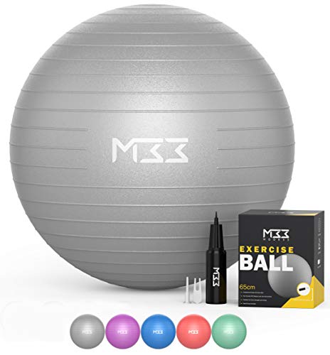 Palla per esercizi - palla per yoga anti-scoppio da 55 a 85 cm di spessore extra con pompa ad aria - palla per esercizi per fitness, pilates, gravidanza, ufficio, palla per sedersi (65cm, argento)