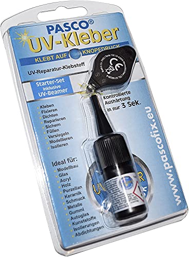 Pasco Colla UV-Kleber Super affidabile ad Alta Resistenza Quasi Invisibile in Grado di incollare Rapidamente con Forza : Vetro, plastica, Metallo, Legno, Pietra.