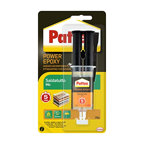 Pattex Power Epoxy Saldatutto Mix 5 Minuti, Forte Colla Epossidica, Trasparente, 1 X 28 G, 12 X 4 X 21.5 Cm