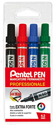 Pentel Pen N50 Marcatore Permanente Punta Conica Taschina 4 pz Colori Assortiti (nero,rosso,blu,verde)