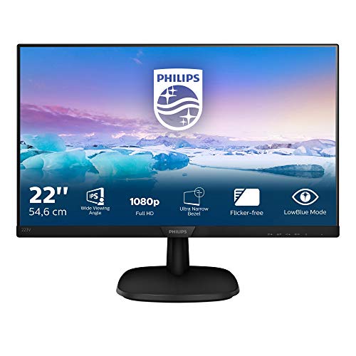 Philips 223V7QHAB Monitor 22  LED IPS Full HD, 1920 x 1080, 5 ms, 3 Side Frameless, Cornici Sottili, Flicker Free, HDMI, VGA, Attacco VESA, Audio Integrato, Nero