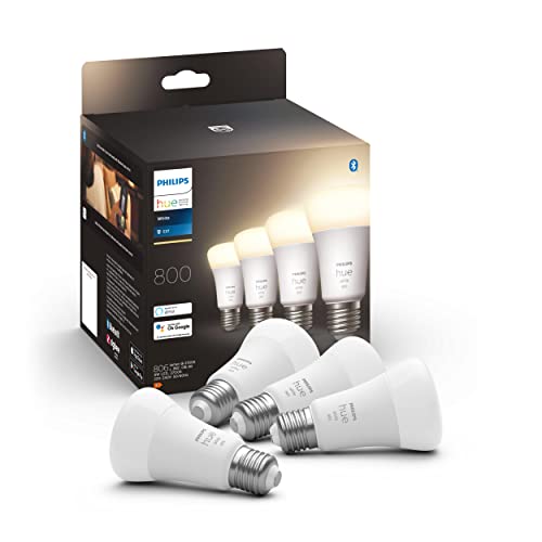 Philips Hue White 4 Lampadine LED Smart, Bluetooh, Controllo Vocale E27, 9W, Dimmerabili, 800 Lumen, Luce Bianca Calda, Bianco