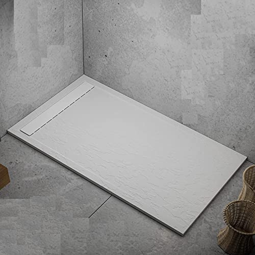 Piatto doccia bianco, in mineralmarmo, con effetto pietra ardesia, serie Lisboa, slim 3 cm, rivestito di Gelcoat, antiscivolo