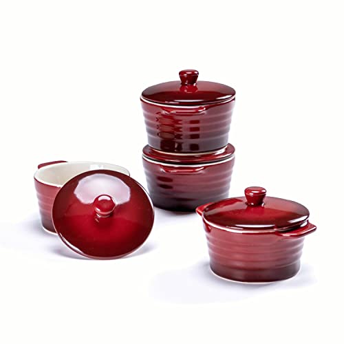 Pirottini Ceramica con Coperchio, Ramekins Set di 4 x 250ml, Pirottini da Soufflé in Porcellana per Muffin, Cupcake e Budini - Glassa di Reazione, Rosso