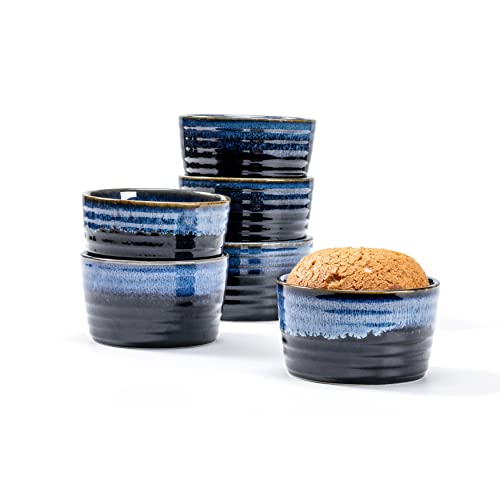 Pirottini Ceramica per Soufflé, Ramekins Set di 6 x 240ml, Pirottini da Soufflé in Porcellana per Muffin, Cupcake e Budini - Glassa di Reazione, Blu