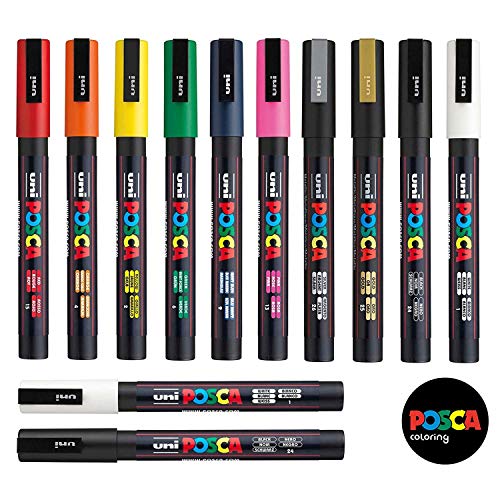 Posca - Set professionale di 12 pennarelli Uni posca - gamma PC-3M - include: extra nero e bianco