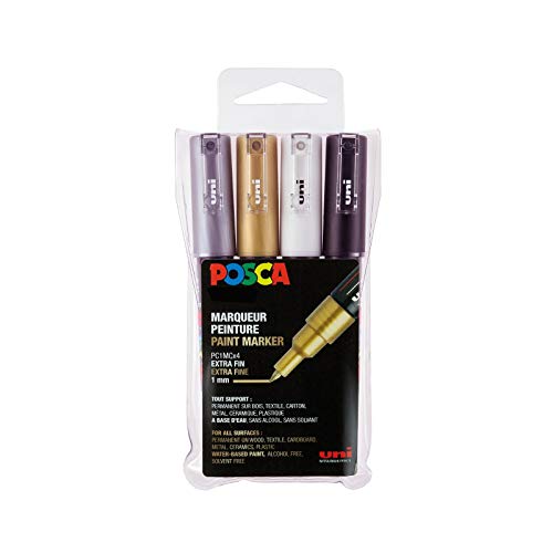 POSCA – Uni Mitsubishi Pencil – 4 pennarelli metallici PC1MC – Punta conica extra fine – Pennarelli a base d acqua – qualsiasi supporto – per carta, tessuto, vetro, ghiaia, legno, ecc.