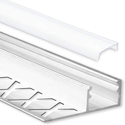 Profilo per LED per piastrelle, in alluminio, 2 m, con copertura, per strisce LED fino a 12 mm di larghezza, 2000 mm di lunghezza (profilo di chiusura piastrelle - copertura satinata   color latte)