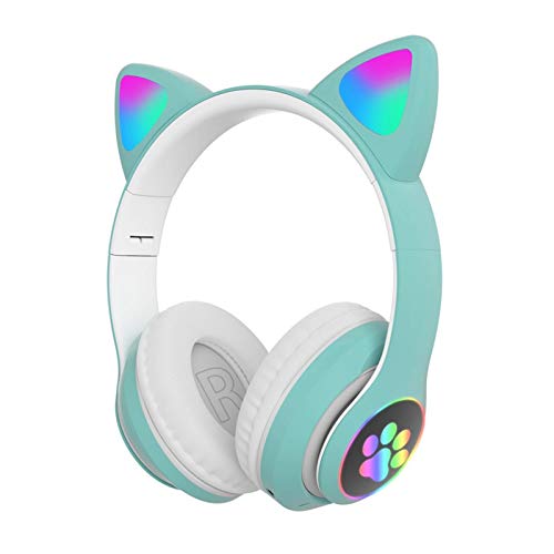 QOTSTEOS Cuffie da gioco senza fili, belle cuffie luminose Bluetooth con orecchie di gatto con luce LED, design pieghevole e retrattile, per interni ed esterni per bambini (verde)
