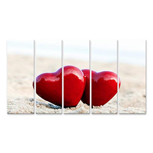 Quadro su tela Due cuori rossi Beach Love simboleggiando San Valentino S Day coppia romantica Calm Ocean sfondo Stampe Arte Poster Murale