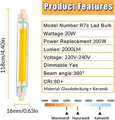 R7S LED 118mm,Lampadine LED R7S 118mm Dimmerabile,R7S 118mm 20W Lam...