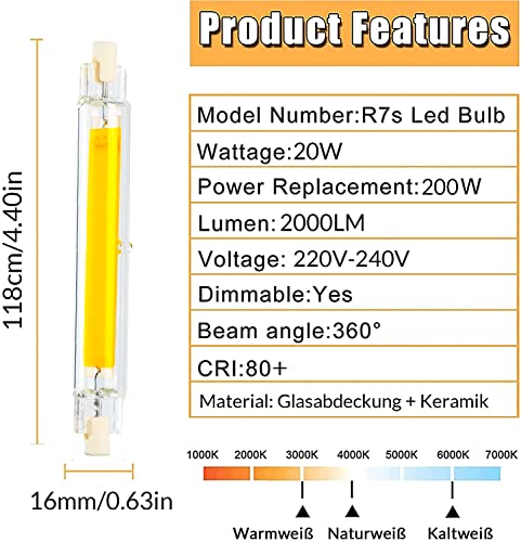 R7S LED 118mm,Lampadine LED R7S 118mm Dimmerabile,R7S LED 118mm 20W...