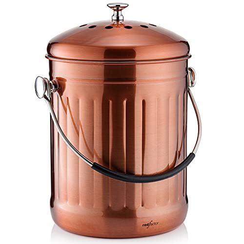 RED FACTOR Premium Compostiera da Cucina Inodore in Acciaio Inox - Filtri di Ricambio in Carbone Attivo Inclusi (5 Litri, Rame Satinato)