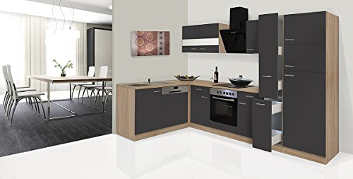 respekta Economy - Cucina angolare a forma di L, 310 x 172 cm, con cappa aspirante Ceran & Designer, colore grigio