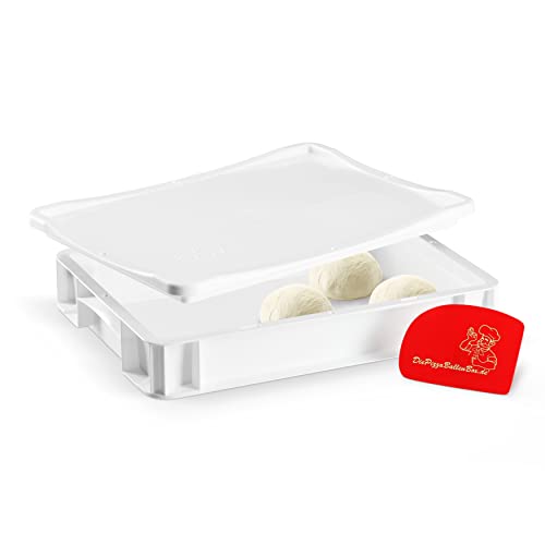 RoyalFay Scatola per pizza 30 x 40 x 7 cm con coperchio contenitore in plastica bianco per impasti per pizza con spatola per il frigorifero (1 scatola con 1 coperchio)
