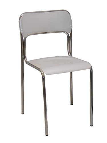 Sedia impilabile con struttura in metallo cromato e seduta in plastica bianca, 43x50x81 cm