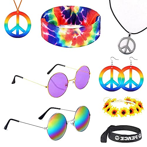 Set 8 accessori per costume hippie, rotondi da hippie, girasole, fascia per segno della pace, collana e fascia per capelli arcobaleno, stile retrò, hippie, accessori per feste