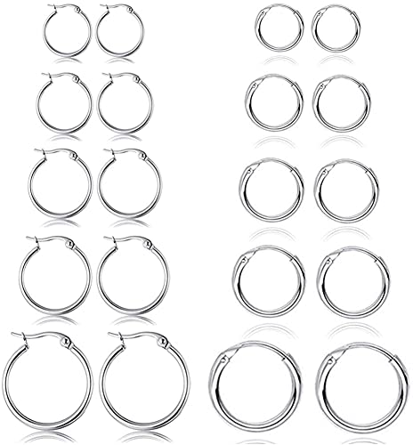 Set di 10 paia di orecchini rotondi a cerchio, per donne e uomini, ragazze, leggeri, in acciaio inox, per cartilagine, senza fine, ipoallergenici, 8-16 mm
