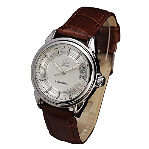 Sewor orologio da polso da uomo, meccanico automatico, con calendario, impermeabile, cinturino in pelle marrone
