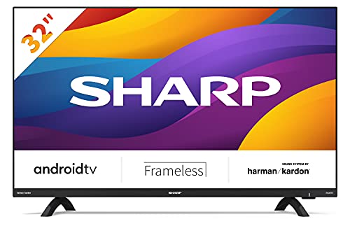 Sharp Aquos 32Di6E 32  Frameless Android 9.0 Smart TV 10 bit HD Ready LED TV, Wi-Fi, DVB-T2 S2, 1366 x 768 Pixels, Nero, suono Harman Kardon, 3xHDMI 2xUSB, 2021 [Classe di efficienza energetica F]