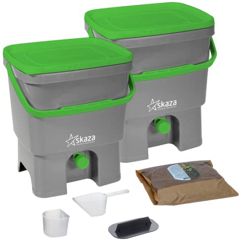 Skaza Bokashi Organko Set (2 x 16 L) Compostiera 2X per Giardino e Cucina in plastica Riciclata | Starter Set con Miscela di fermentazione Bokashi Organko 1 kg (Grigio-Verde)
