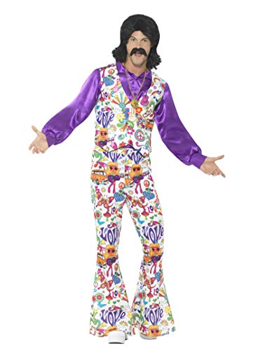Smiffys Abito Hippie Groovy anni  60, multicolore, con gilet, camicia e pantaloni a zampa d elefante, XL