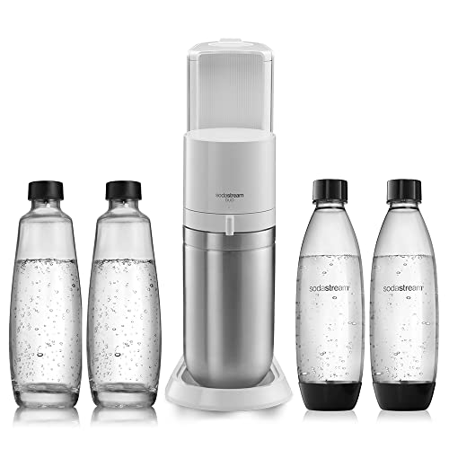 Sodastream Duo Megapack, Gasatore d’acqua per realizzare acqua frizzante, incluso nuovo cilindro Quick Connect, 4 bottiglie incluse da 1 litro (2 in plastica e 2 in vetro), 29 x 26 x 44 centimetri