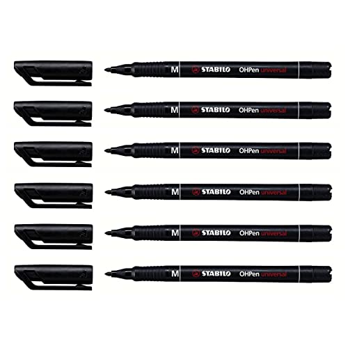 STABILO Set di 6 penne a pennarello ohp permanente, punta media, 1 mm, inchiostro indelebile nero