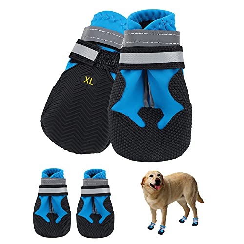 Stivali per cani,4 Pezzi scarpe per cani impermeabili con cinturini riflettenti Suola antiscivolo Protezioni per zampe da esterno Scarpe per cani di taglia piccola e media Autunno Inverno, Blu (XL)
