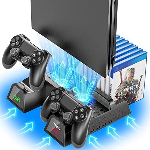 Supporto PS4, Supporto Verticale PS4 con Caricatore Joystick PS4, Supporto PS4 Verticale con Ventola di Raffreddamento per  PS4 Slim PS4 Pro  Playstation 4 play 4, 2H Rapido Caricatore Controller PS4