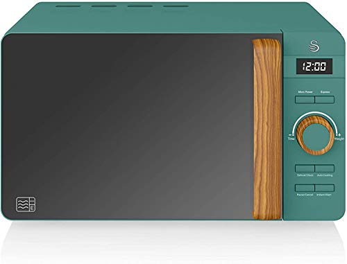 Swan Nordic - Microonde digitale, 20 l, 6 livelli di funzionamento, 800 W, timer 30 min, facile da pulire, modalità scongelare, design moderno, maniglia effetto legno, verde opaco