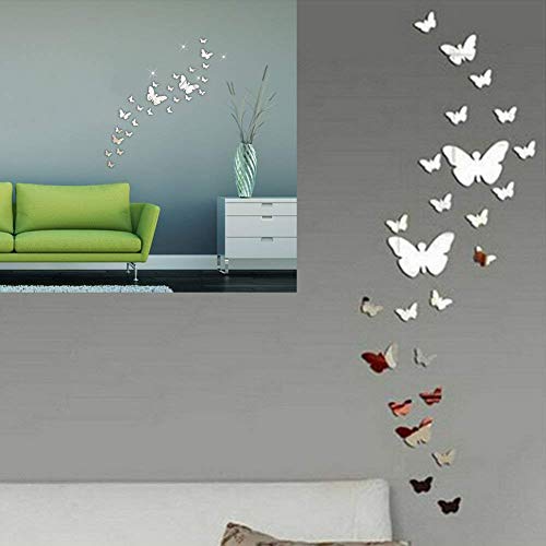 SwirlColor 30PCS Farfalla Specchio Adesive da Parete Combinazione 3D Specchio Wall Stickers Home Decoration(Argento)