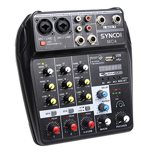 SYNCO MC4 Audio-Mixer-Bluetooth-USB-Digitale, Consolle Mixer 4 Canali Ingresso Mono Stereo per Registrazione
