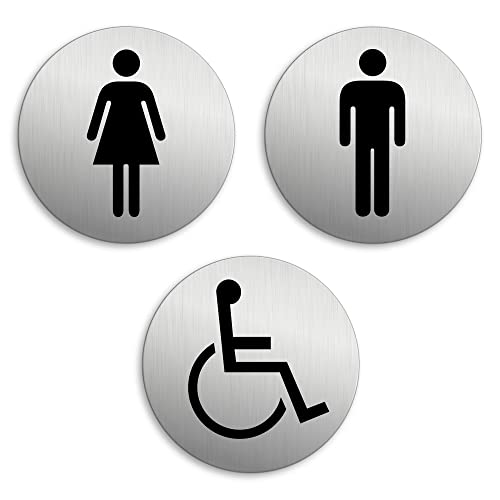 Targhetta per Porta - Toilette WC Donne Uomini Disabili Set di 3 Targa Ø 75 mm Alluminio spazzolato auto-adhesiva