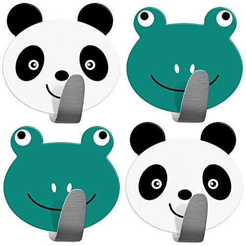 Tatkraft Team Confezione da 4 Ganci Autoadesivi per Bambini, Ideale per Asciugamani e Accappatoi, Realizzato in Acciaio Inossidabile, Set di 2 Panda e 2 Rane, Facile da Installare