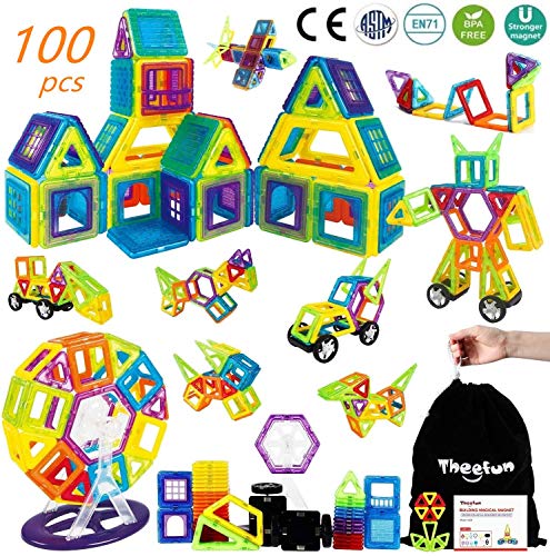 Theefun Blocchi Magnetici, 100 Pezzi Magnetici Blocchi Costruzioni Giocattolo, Blocchi Costruzioni Magnetiche per Bambini Giocattolo Creativo per i Bambini Oltre 3 Anni Ferris Wheel Car Robot