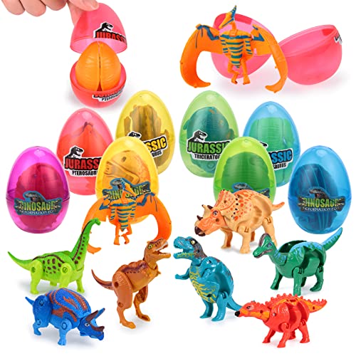 ThinkMax Dinosauro Uova di Pasqua, 8 Pezzi di Uova di Pasqua Preriempita Giocattoli di Dinosauri Deformabili con Giunti Mobili per Bambini Giochi di Caccia alle Uova di Pasqua, Regali Pasqua