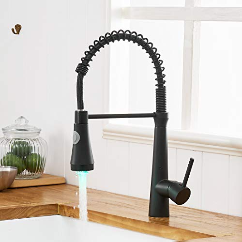 Timaco - Rubinetto da cucina con molla a spirale, rubinetto e doccetta estraibile, orientabile a 360°, nero con LED