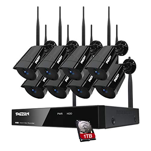TMEZON Kit Videosorveglianza WiFi, 8 Canali Sistema di Videosorveglianza NVR con 8x 3MP 1296P IP Telecamera esterno senza fili, Rilevamento del Movimento,Notifica e-mail,IP66,Disco Rigido da 1 TB