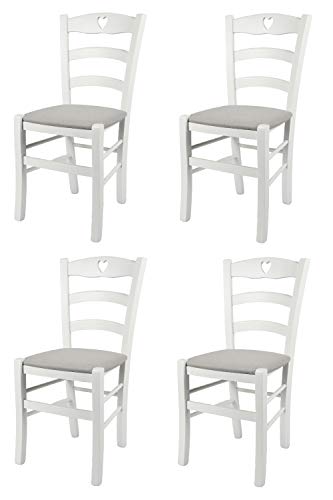 Tommychairs - Set 4 sedie modello Cuore per cucina bar e sala da pranzo, robusta struttura in Legno di faggio laccato bianco e seduta rivestita in tessuto colore grigio perla