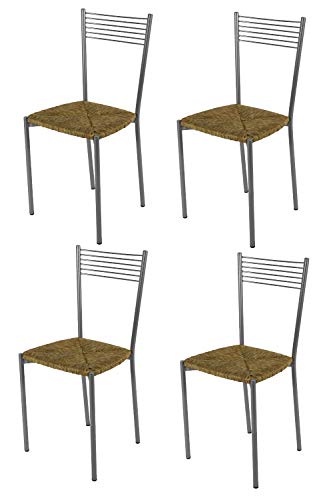 Tommychairs - Set 4 sedie modello Elegance per cucina bar e sala da pranzo, struttura in acciaio verniciato color alluminio e seduta in paglia