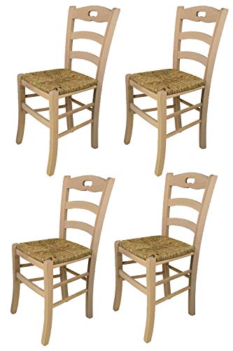 Tommychairs - Set 4 sedie modello Savoie per cucina bar e sala da pranzo, robusta struttura in legno di faggio levigato, non trattato, 100% naturale e seduta in paglia