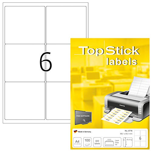 TopStick Etichette per Pacchi e Spedizioni, 99,1 x 93,1 mm, Etichette Adesive A4 per Stampante, 6 Etichette per Foglio, Bianco